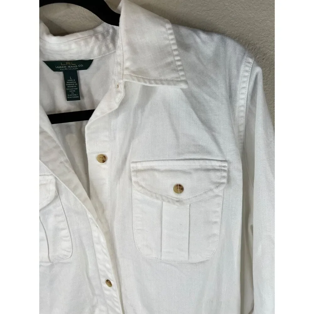 Lauren Jean Co Ralph Lauren White Button-Up Shirt Dress Pockets VTG LRL Classic - Picture 4 of 16